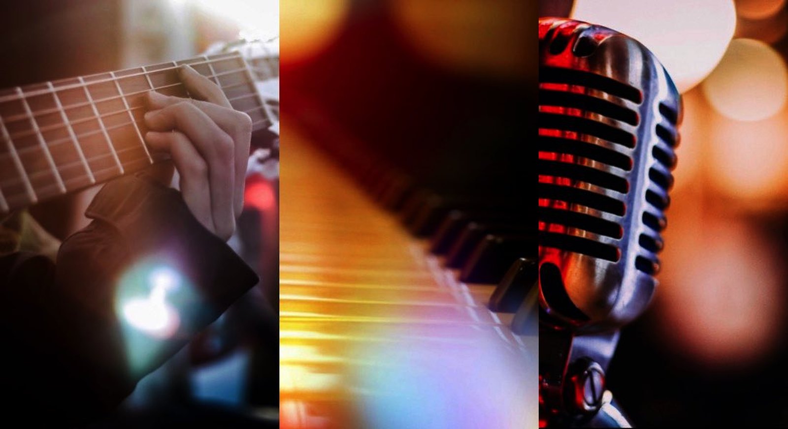 Close-up of a guitar fretboard, piano keys and a vintage vocal microphone